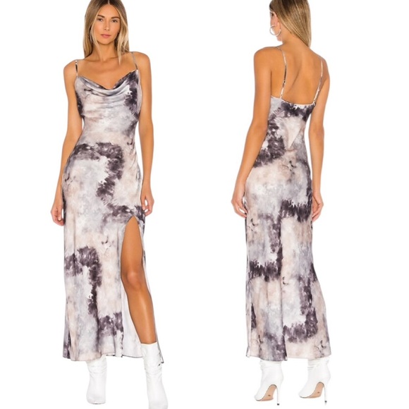 Revolve Superdown Krystal Slit Midi Dress in Grey Tie Dye Size S - Picture 1 of 12